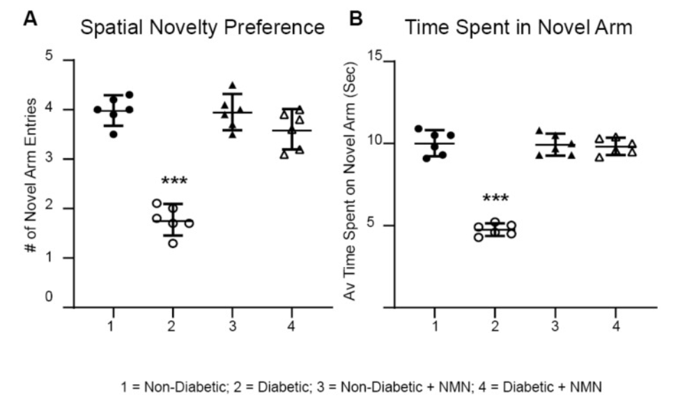 Impaired memory in diabetic rats was prevented by NMN treatment. Impaired memory in diabetic rats was prevented by NMN treatment.