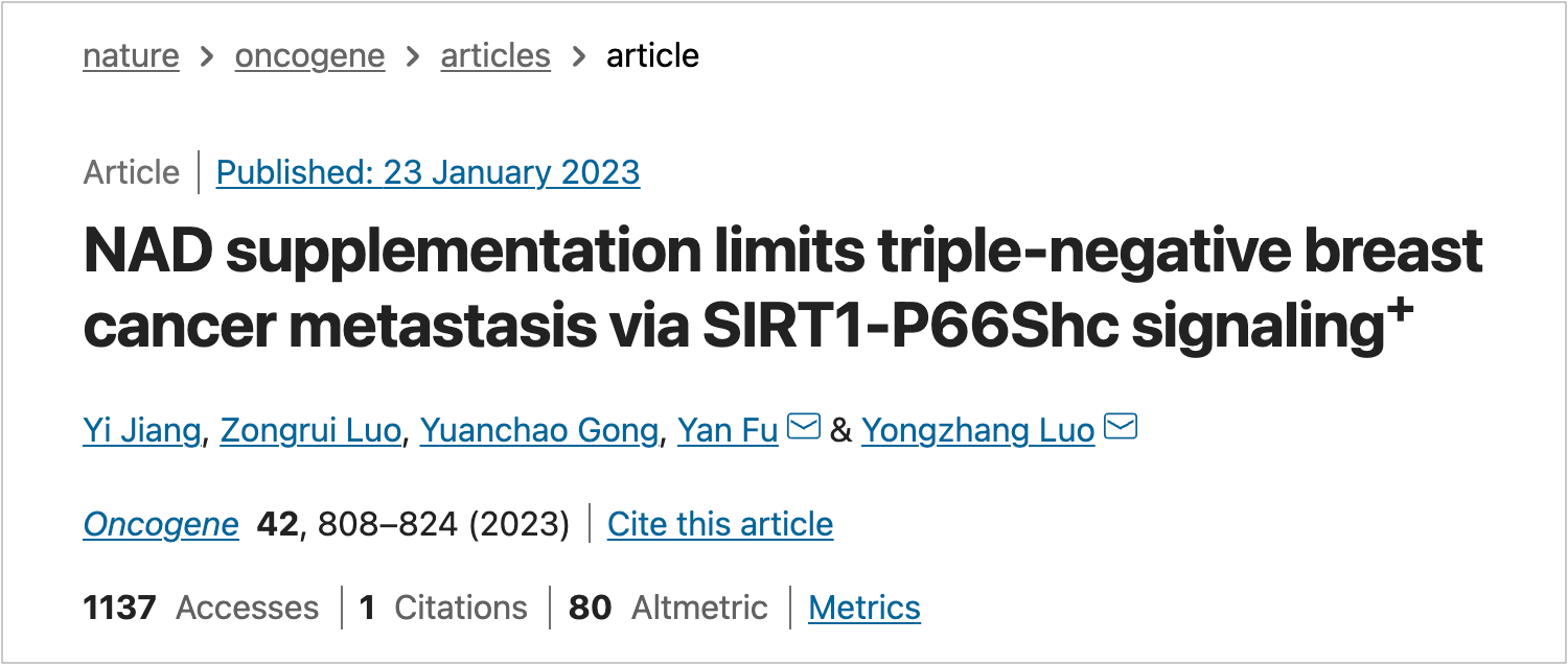 NAD supplementation limits triple-negative breastcancer metastasis via SIRT1-P66Shc signaling NAD supplementation limits triple-negative breastcancer metastasis via SIRT1-P66Shc signaling